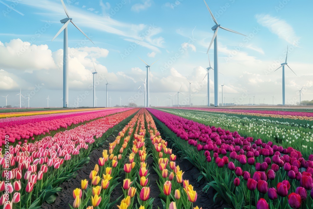 Field with tulips and wind turbines