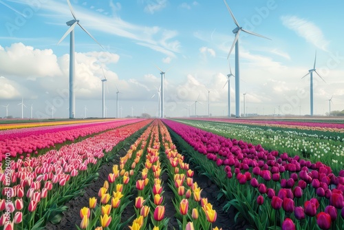 Obraz na płótnie Field with tulips and wind turbines w salonie