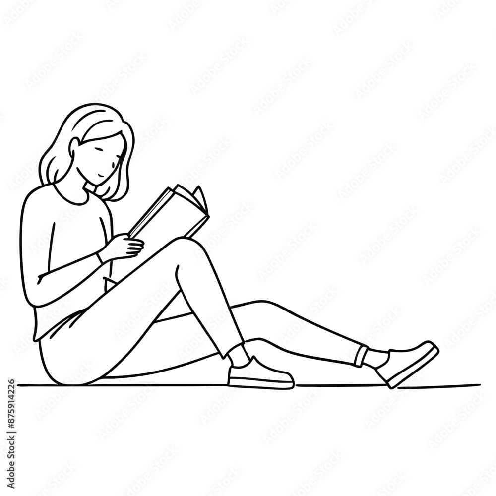 Fototapeta premium woman sitting on the floor, deeply engrossed in reading a book. line art vector illustration