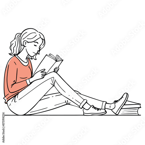 woman sitting on the floor, deeply engrossed in reading a book. line art vector illustration