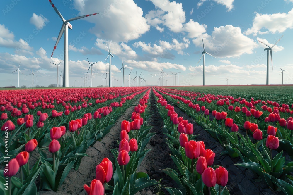 Field with tulips and wind turbines