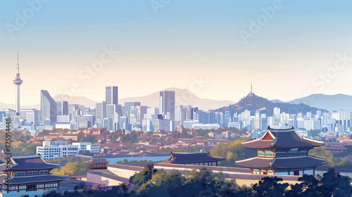 panorama of the city, Illustration of Seoul city, South Korea's landscape blending high-rise cityscape with traditional palaces, iconic landmarks
