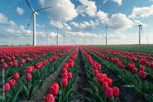 Obraz na płótnie Field with tulips and wind turbines w salonie