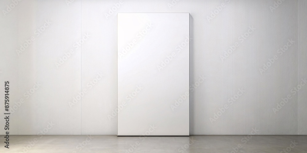A large, pristine white canvas leans against a neutral-toned wall in a minimalist interior setting. The empty canvas contrasts with the subtle textures of the wall and floor. A large, pristine white canvas leans against a neutral-toned wall in a minimalist interior setting. The empty canvas contrasts with the subtle textures of the wall and floor.