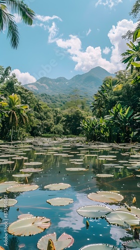 lush green foliage and lily pads in a pond with a mountain in the distance photo