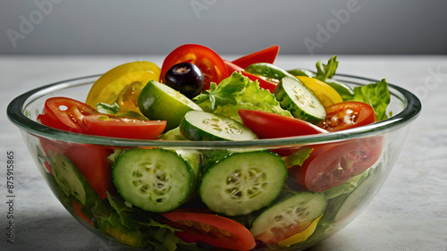 A colorful vegetable salad featuring a variety of fresh greens, cherry tomatoes, cucumber slices, and vibrant bell peppers, topped with plump olives for a burst of savory flavor and Mediterranean flai