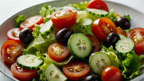 A colorful vegetable salad featuring a variety of fresh greens, cherry tomatoes, cucumber slices, and vibrant bell peppers, topped with plump olives for a burst of savory flavor and Mediterranean flai