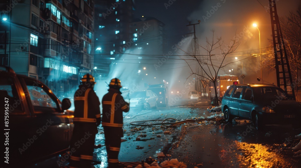firefighters extinguish a fire in the city