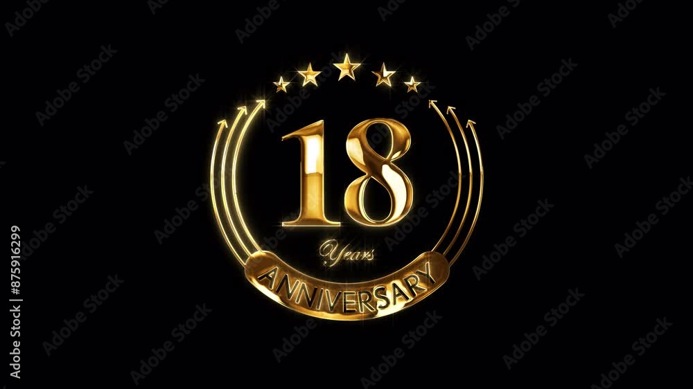Happy 18th Anniversary Celebration. Golden 18 Years Anniversary Animation in Gold Color on the Transparent Background, Alpha Channel. Great for greetings, celebrations, events, and gifts. Happy 18th Anniversary Celebration. Golden 18 Years Anniversary Animation in Gold Color on the Transparent Background, Alpha Channel. Great for greetings, celebrations, events, and gifts.