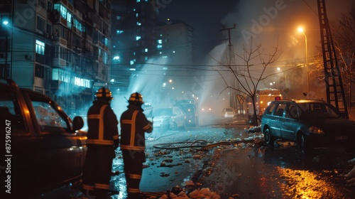 Obraz na płótnie firefighters extinguish a fire in the city w salonie