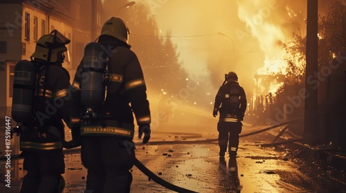Obraz na płótnie firefighters extinguish a fire in the city w salonie