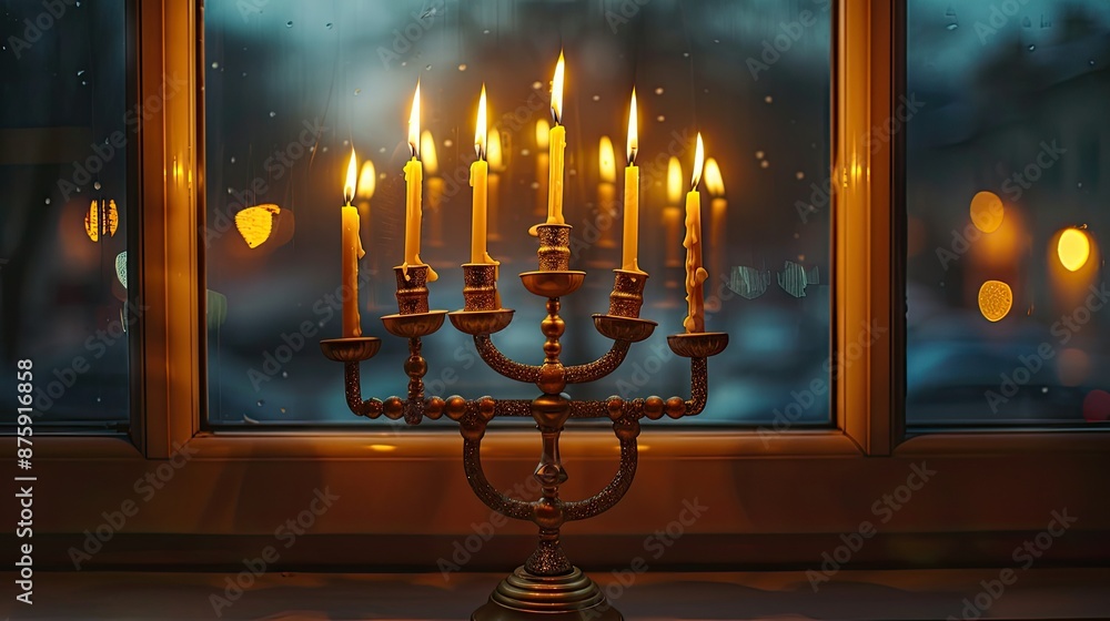 Fototapeta premium Traditional Hanukkah menorah with flickering candles