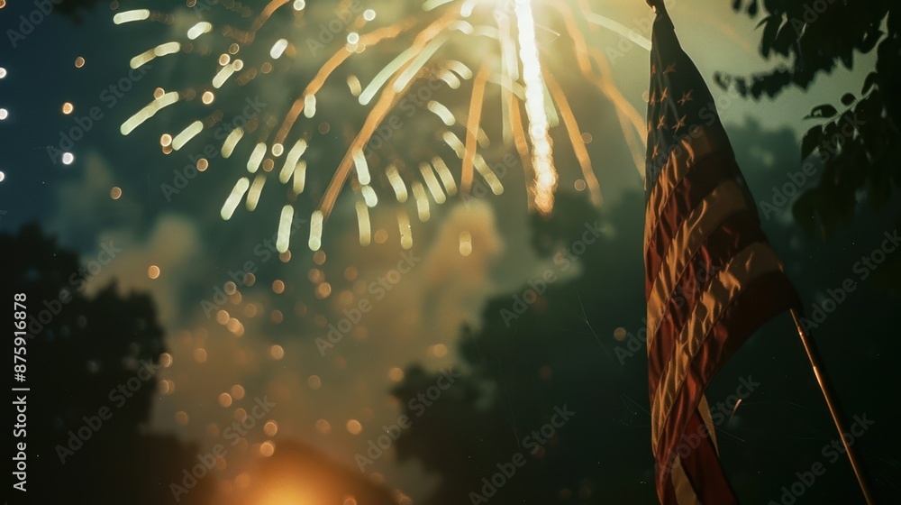 fireworks with the US Flag in the foreground