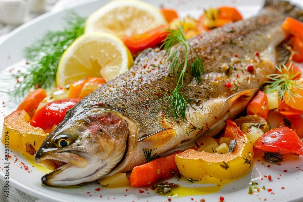 Fried Trout Fillet, Red Fish, Salmon or Keta Meat and Vegetable Stew With Fennel, Thyme and Lemon Fried Trout Fillet, Red Fish, Salmon or Keta Meat and Vegetable Stew With Fennel, Thyme and Lemon