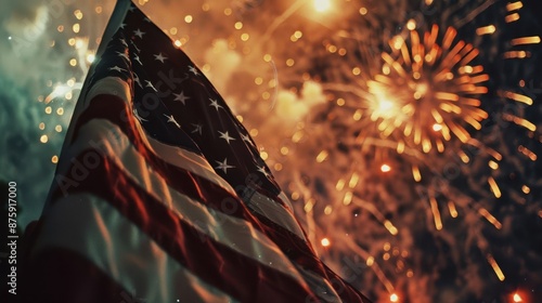 fireworks with the US Flag in the foreground