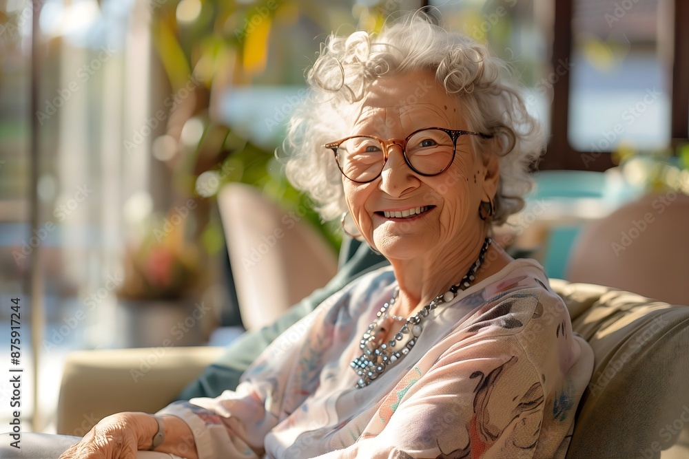 happy grandma sitting on a sofa at home happy grandma sitting on a sofa at home