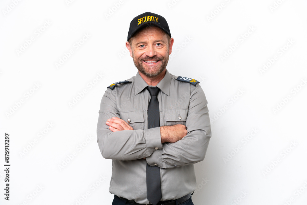Middle age security man isolated on white background keeping the arms crossed in frontal position Middle age security man isolated on white background keeping the arms crossed in frontal position