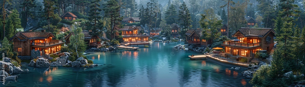A tranquil forest lake scene featuring several cabin homes nestled amidst lush trees, illuminated by warm lights, creating a cozy and picturesque atmosphere