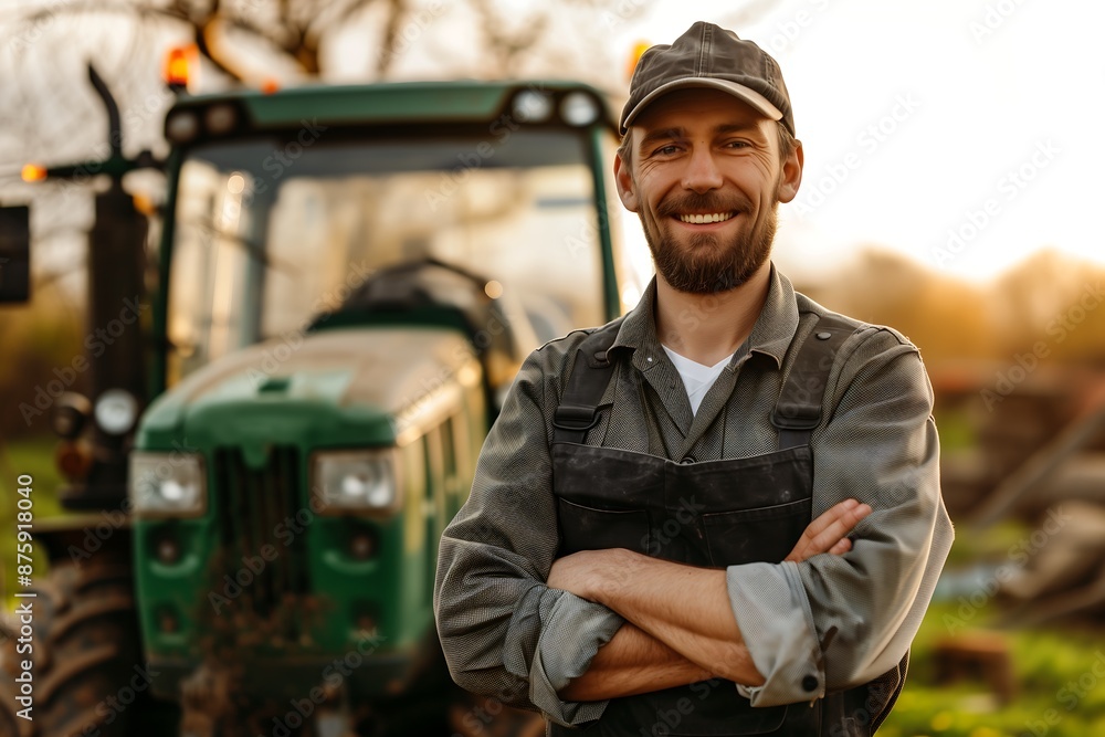 happy Young man farmer with uniform standing in front of his green agricultural tractor happy Young man farmer with uniform standing in front of his green agricultural tractor