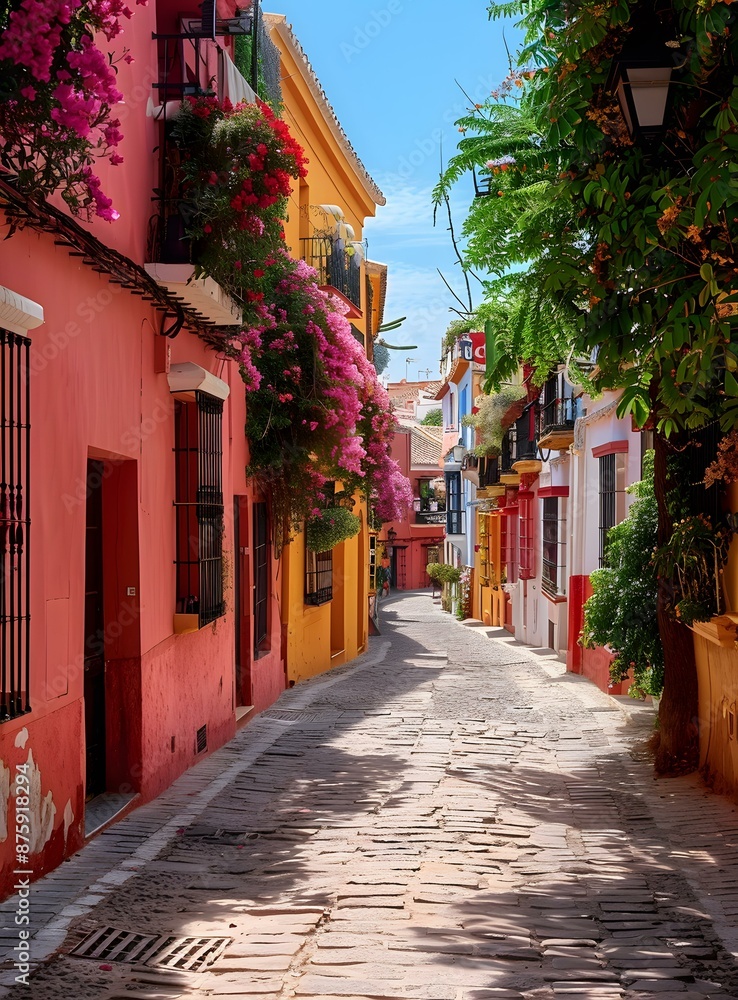 A narrow street with colorful houses in Seville, Spain A narrow street with colorful houses in Seville, Spain