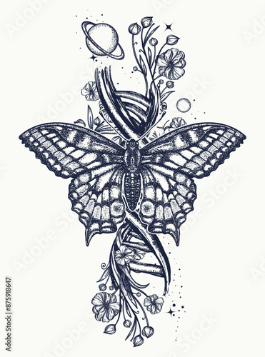 DNA chain, butterfly and  flowers tattoo. Symbol of poetry, science, knowledge, dreams, evolution, lives and death t-shirt design . Esoteric t-shirt design concept