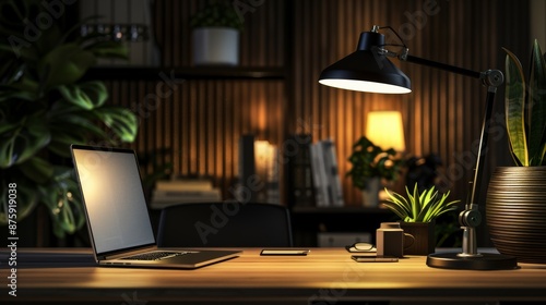 Wallpaper Mural Modern dark wood work desk at night under the warm glow of a table lamp with a laptop computer, accessories and photocopy area for product display. Close-up. Torontodigital.ca