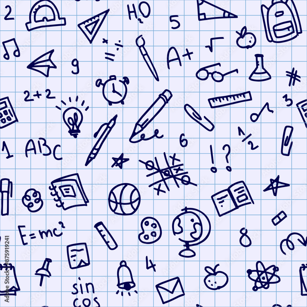 Seamless hand drawn back to school pattern, vector background. School supplies and creative elements isolated on checkered background, school notebook. Cute illustration sketches, line stickers. Seamless hand drawn back to school pattern, vector background. School supplies and creative elements isolated on checkered background, school notebook. Cute illustration sketches, line stickers.