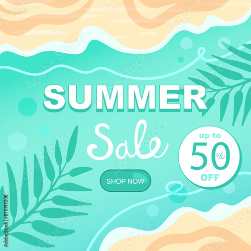Summer big sale banner backgound template.Top view on the beach, waves and palm leaves silhouette. Special offer, up to 50% off