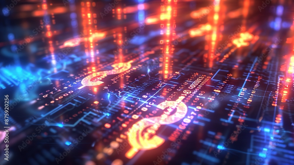 Digital Cryptocurrency Transfer Symbols in Blurred Virtual Space Digital Cryptocurrency Transfer Symbols in Blurred Virtual Space
