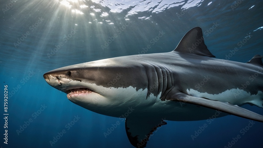 Naklejka premium Stunning close-up portrait of a great white shark swimming near the ocean surface. Beautiful fish underwater photography illustration wallpaper. Carcharodon carcharias.
