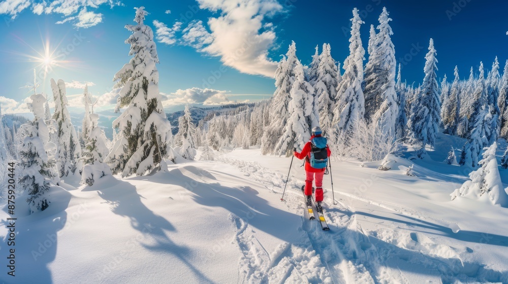 Mountaineer Backcountry Skier Mountaineer Backcountry Skier Ski tour in alpine landscape with snowy trees. winter sports adventure