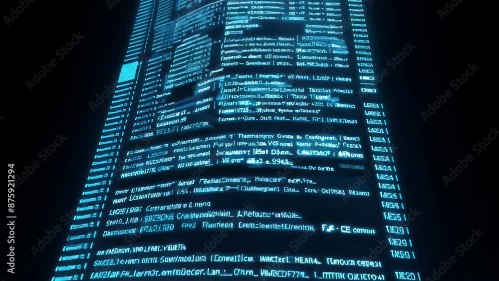 Digital code with blue lines on a dark background. Technology and