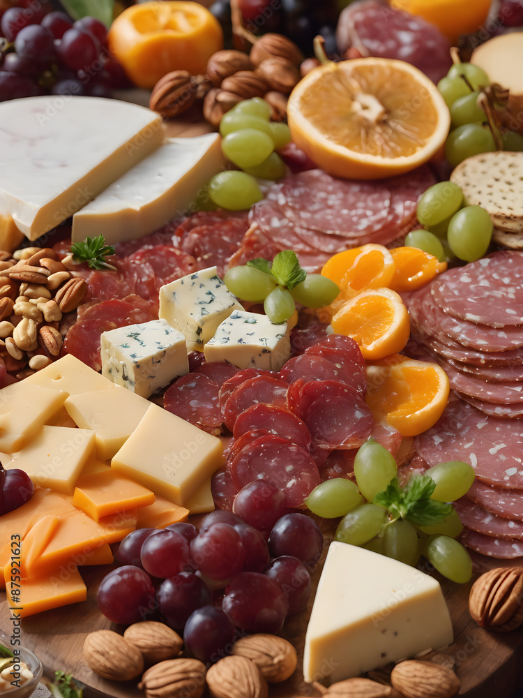 A close-up of a beautifully arranged charcuterie board with a variety of cheeses, meats, fruits, and nuts. A close-up of a beautifully arranged charcuterie board with a variety of cheeses, meats, fruits, and nuts.