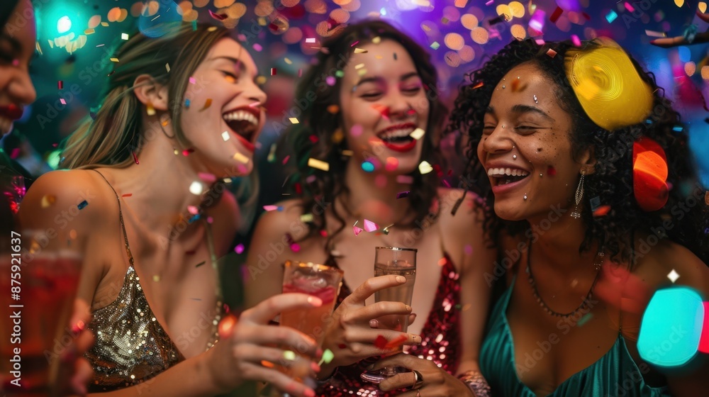 girls dancing glasses of sparkling wine in the club