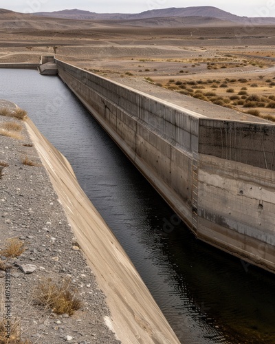 A long concrete wall with a river running through it photo