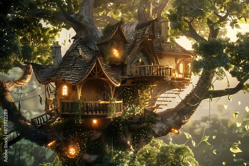 An enchanted forest treehouse builder interface with branch strength sensors and leaf canopy shapers photo