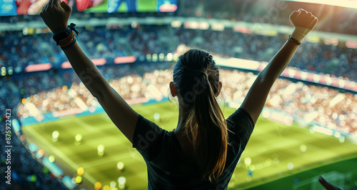 A young woman cheering in front of an open-air football stadium at sunset.  photo