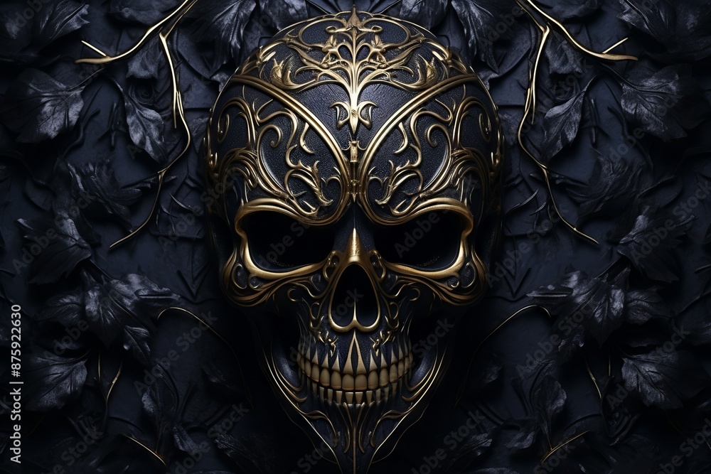 Naklejka premium Black skull adorned with intricate floral patterns against a dark background.