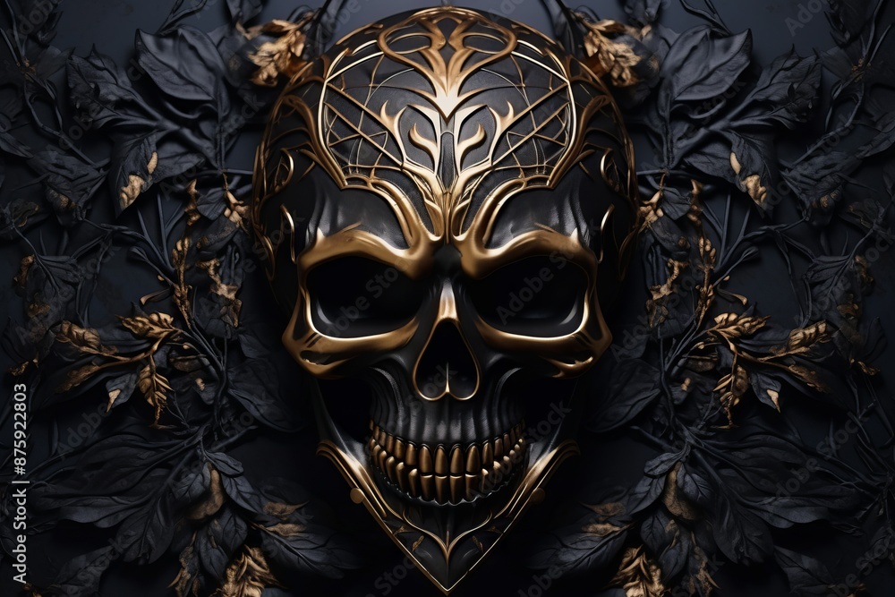 Black skull adorned with intricate floral patterns against a dark background. Black skull adorned with intricate floral patterns against a dark background.