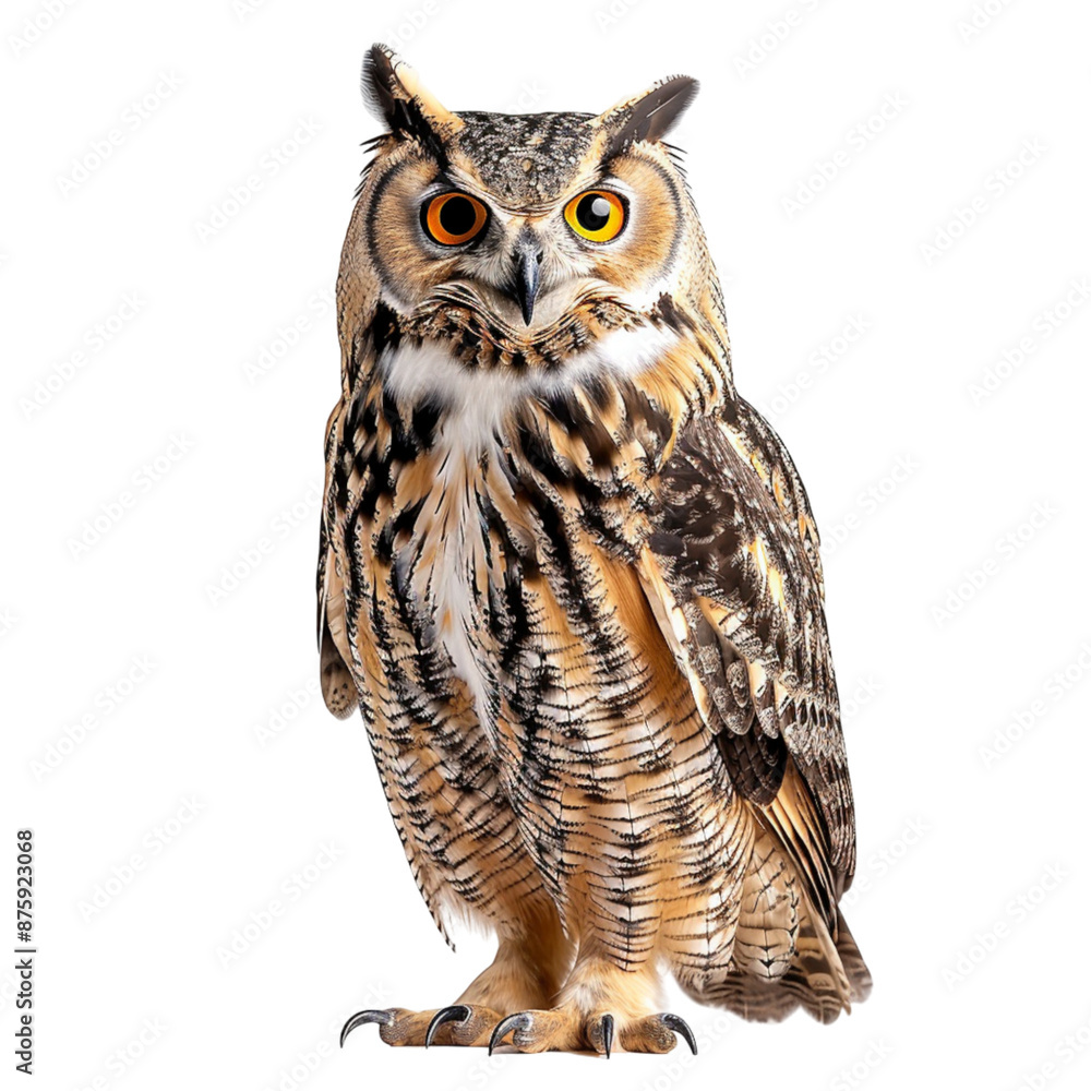 Fototapeta premium eurasian eagle owl isolated on white background, flaco eurasian eagle owl, white eurasian eagle owl
