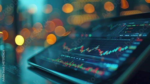 Financial Market Analysis: Close-up of Tablet with Fluctuating Stock Prices and Trading Volume on Stock Market App