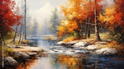 Autumn Fall Forest with River Oil Painting Landscape