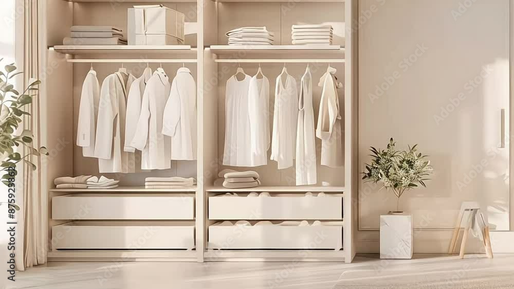 Interior of modern dressing room with wardrobe boxes, stylish clothes and accessories Interior of modern dressing room with wardrobe boxes, stylish clothes and accessories