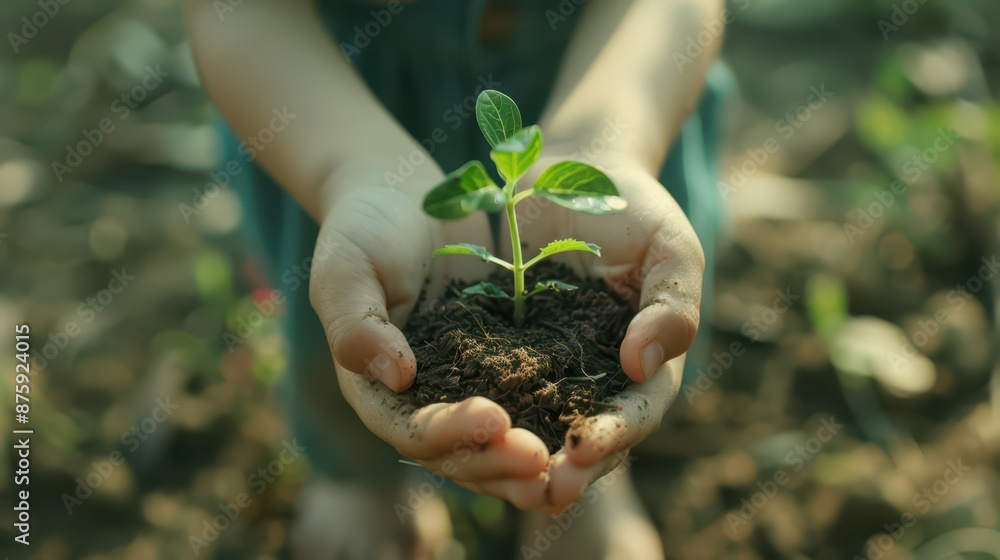 hand children holding young plant. concept eco earth day