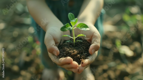 Obraz na płótnie hand children holding young plant. concept eco earth day w salonie