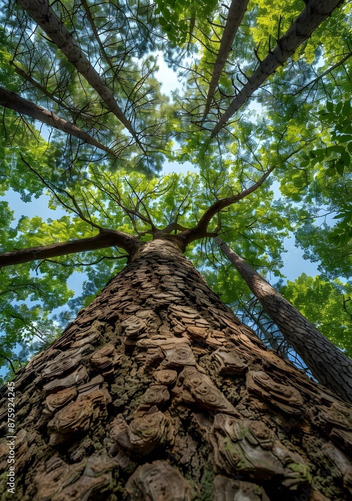 Naklejka premium Looking up at the towering trees in the forest