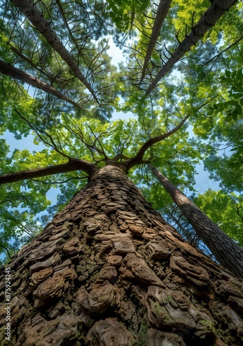 Looking up at the towering trees in the forest