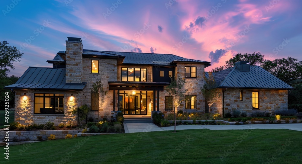 Exterior House Lighting. Modern Farmhouse Front Design with Stone Brick Architecture at Night Exterior House Lighting. Modern Farmhouse Front Design with Stone Brick Architecture at Night