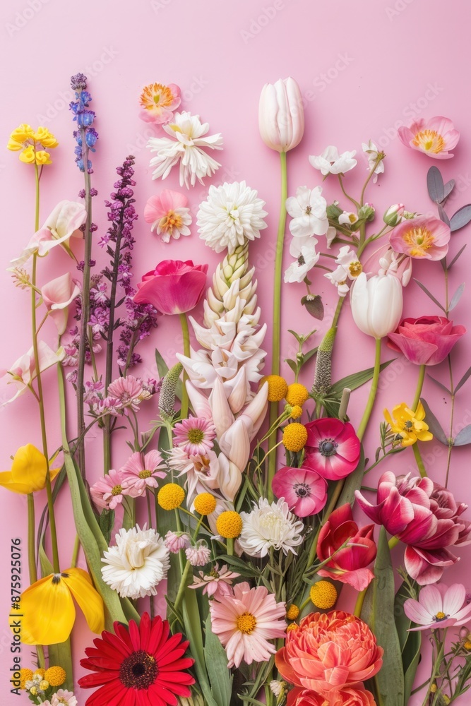 Obraz premium Flowers Flat Lay Pink. Easter Holiday Spring Composition on White Background