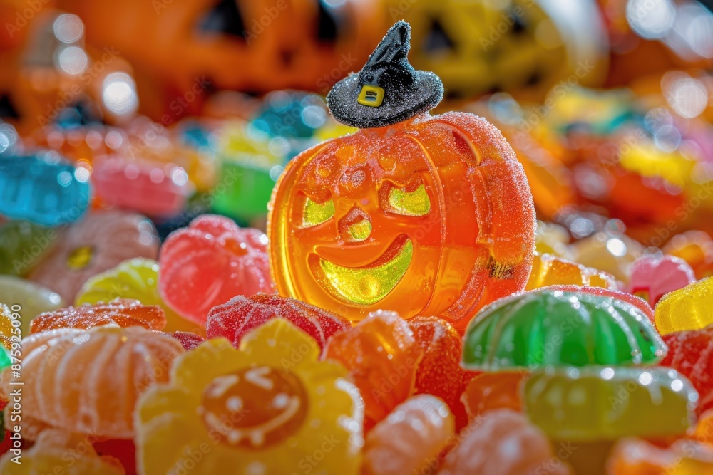 Fototapeta premium Halloween Sweets. Colorful Array of Child's Treats with Candies, Jelly, and Sugar
